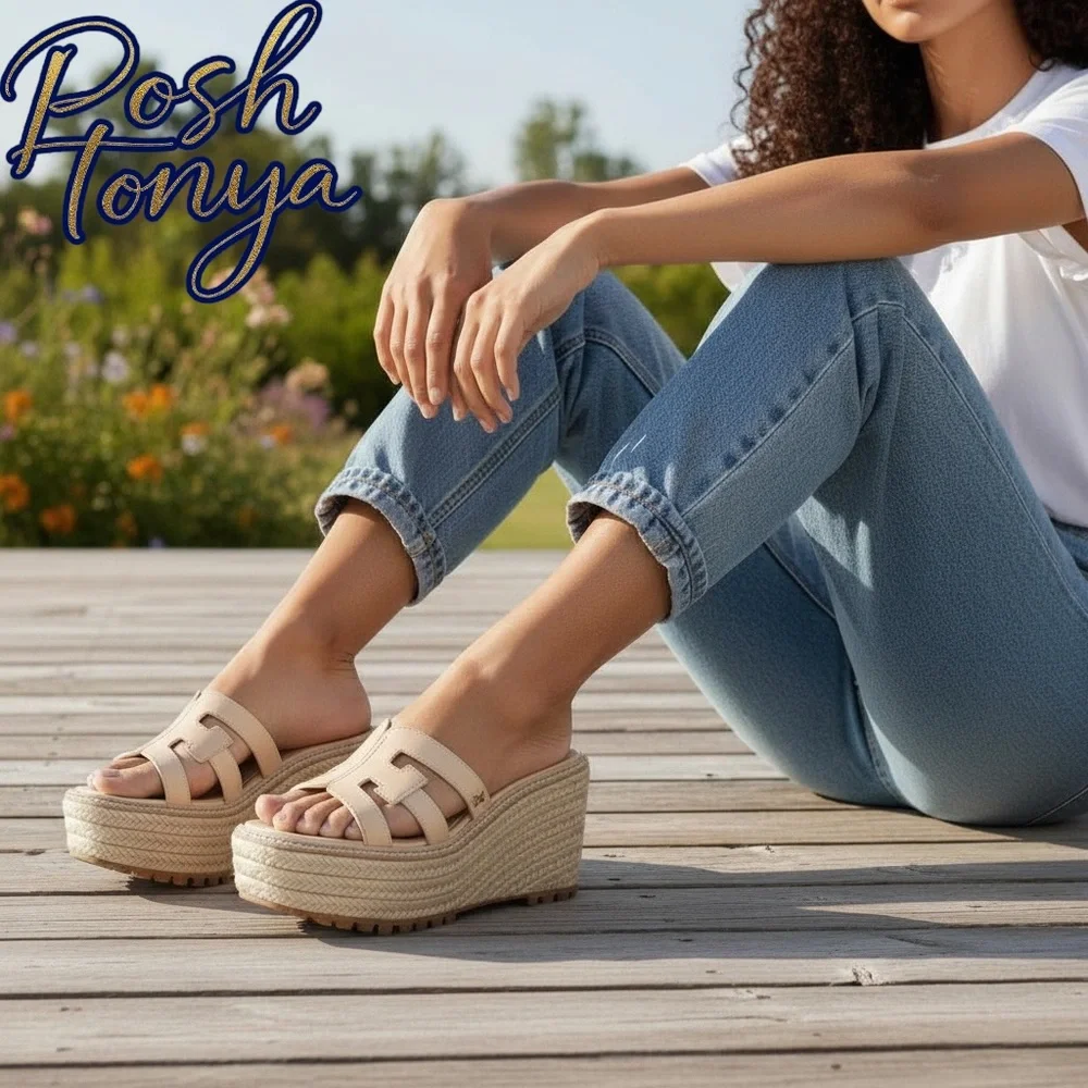 NEW Sam Edelman Laine Platform Wedge Espadrille Sandals Ivory Size 9.5 Resort